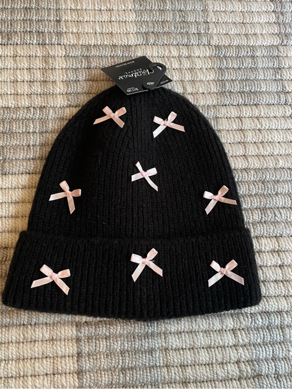 Black Knit Kids Beanie with Pink Bows